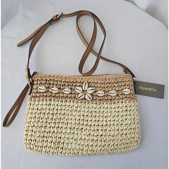 Style & Co Handbags - Style & Co Straw Crossbody Bag Purse with Shells NWT